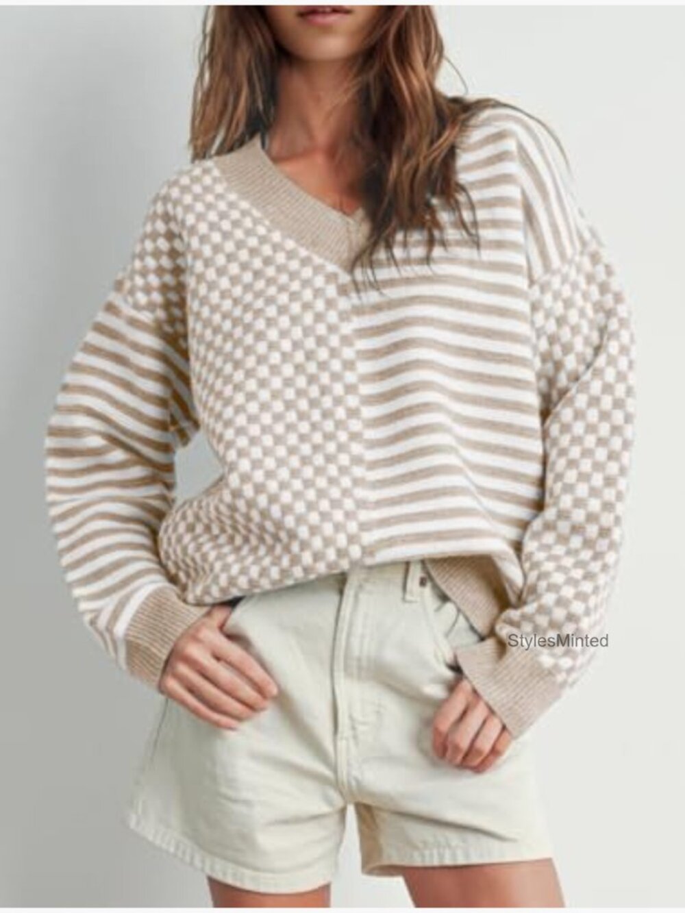 Women V Neck Striped Knit Pullover Sweater Trendy Casual - Picture 2 of 6